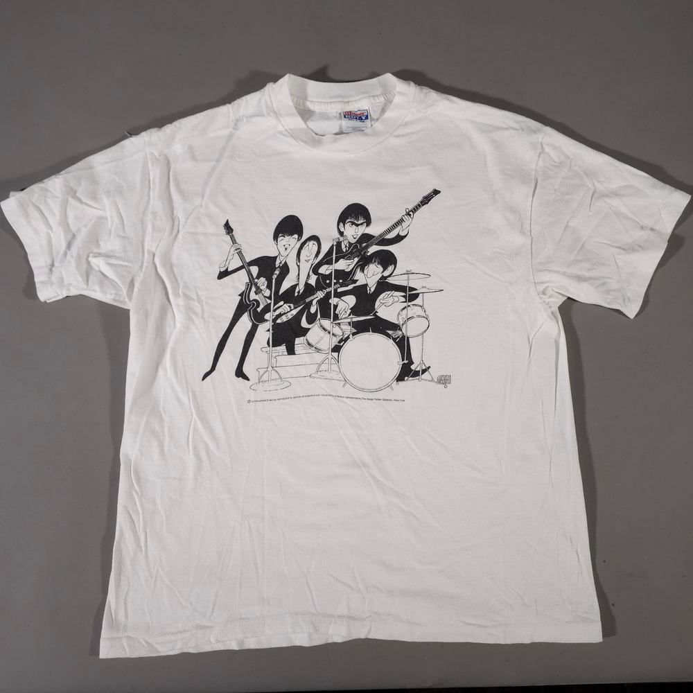 Hanes T-Shirt Mens XL White Beatles Al Hirschfeld Graphic Tee Vintage USA